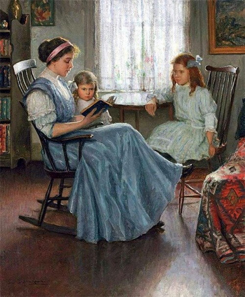 Mother Reading with Two Girls. Lee Lufkin Kaula (American, 1865-1957). Oil on canvas.Lee Lufkin