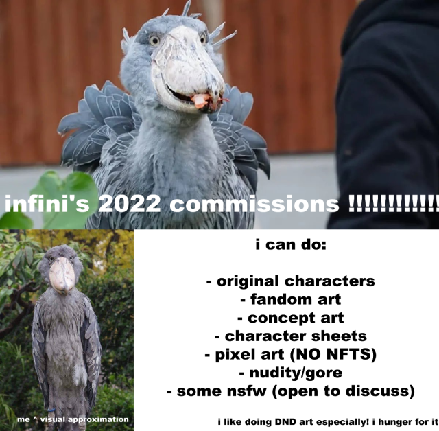 On top, a picture of a shoebill with overlaid text reading: "infini's 2022 commissions !!!!!!!!!!!!!" Beneath that, another picture of a shoebill with the text overlaid reading "me ^ visual approximation". Black text on a white background besides the picture reads, "i can do: - original characters - fandom art - concept art - character sheets - pixel art (NO NFTS) - nudity/gore - some nsfw (open to discuss) i like doing DND art especially! i hunger for it"