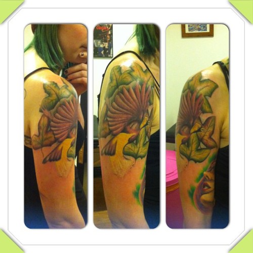 Getting there! ! @loadedfortyfour #tattoo #instacollage #alt #tattooedgirl #bird #greenhair #loadedf