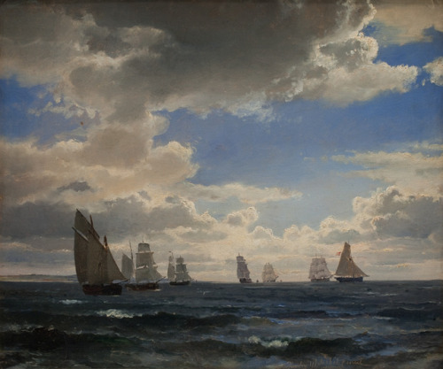 spoutziki-art:Carl Frederik Sørensen - Sailing Ships in the Sound south of Kronborg, 1857