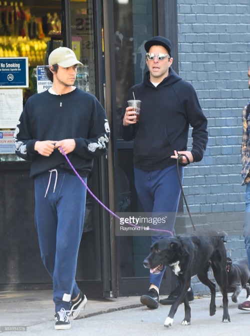 Zachary Quinto and Miles McMillan are seen at the dog park with her dogs on May 1, 2018 in New York 