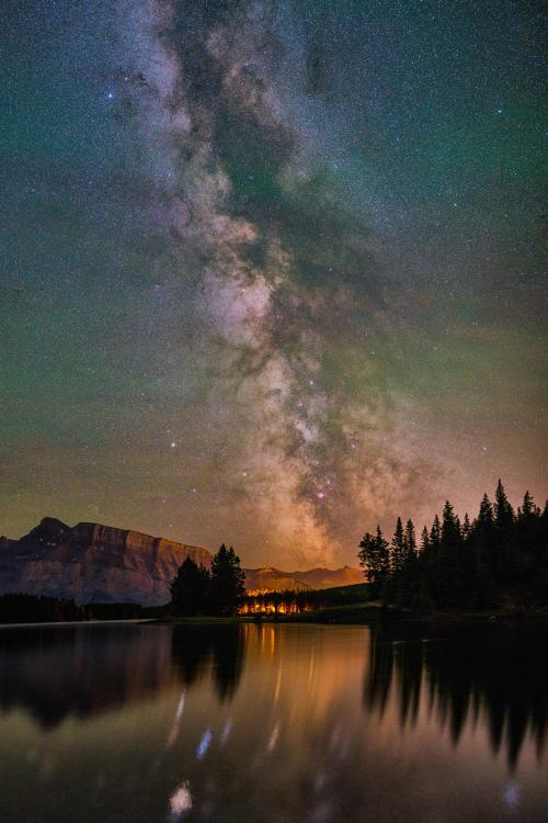 space-pics:The Milky Way rising over Two Jack Lake in Alberta, Canada [OC][5962x8943]