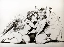 beautifulbizarremagazine:  When angels and demons mingle… Sweet drawing by @andrewkmar 💘 ⁣ .⁣ .⁣ .⁣ #beautifulbizarre #andrewkmar #drawing #illustration #fantasy #couple #love #tenderness #angel #demon #comics #newcontemporaryart #art #sketch