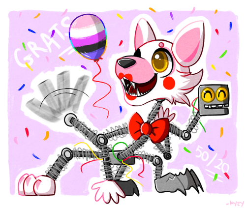 Our resident genderfluid, NB icon Mangle celebrating both Pride and the release of FNAF ultimate cus