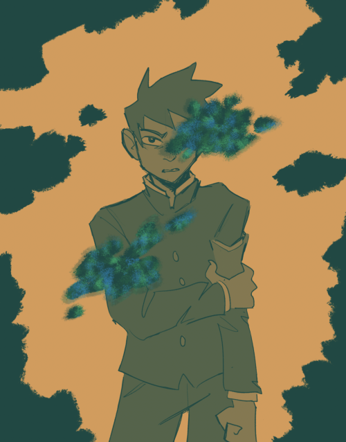 memo-sepia: andstuffsketches:[drawing of Ritsu from Mob Psycho 100 in shades of dark green and orang