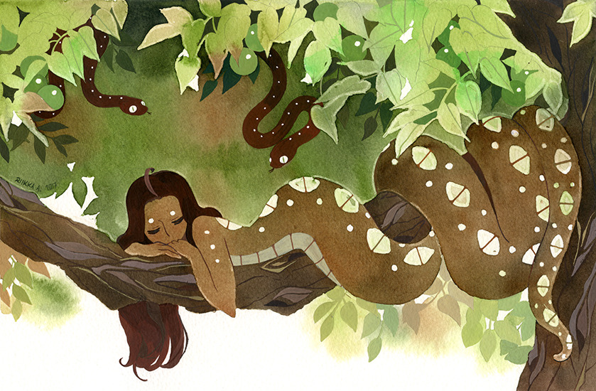 riikkapaints: Sleepy lady and some curious neighbors. Illustration I painted in 2017,