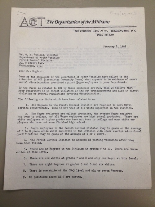 ACT Attempts To End Employment Discrimination At The DC DMV, February 1965.
