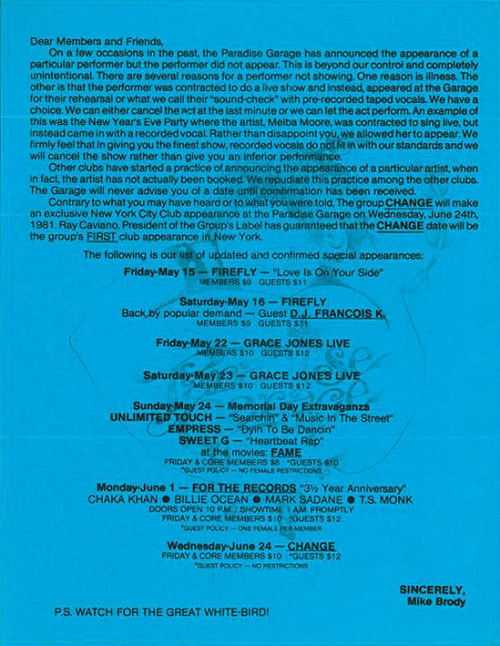 From the Larry Levan facebook page, a 1981 performance schedule and letter to members from the Parad