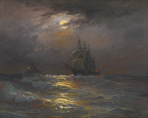oldpaintings:On High Seas, by Moonlight, 1919 by Diyarbakirli Tahsin (Turkish, 1875–1937)