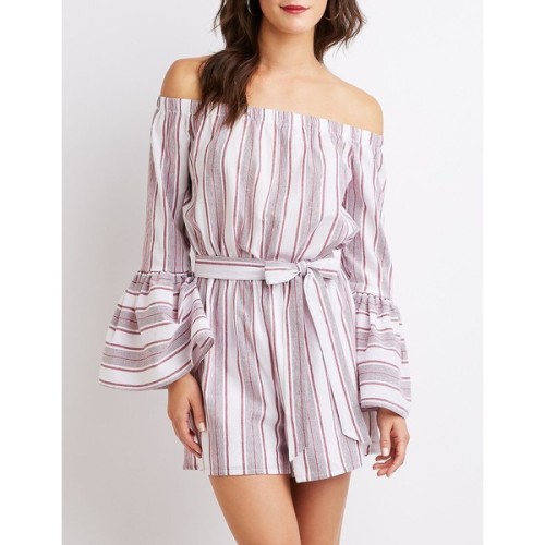 Charlotte Russe Striped Off-The-Shoulder Romper ❤ liked on Polyvore (see more white rompers)