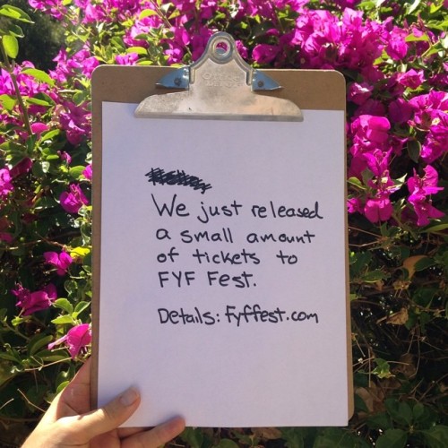 Hello,
We just released a small amount of weekend passes for FYF Fest. Details at https://fyffest.frontgatetickets.com.
Tell your friends, you know, the ones that don’t have a ticket.
See you in a few weeks,
FYF