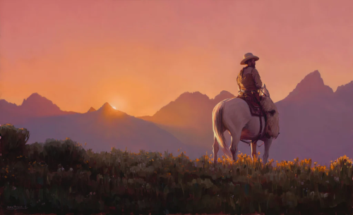 Hyperrealistic oil painting of a cowboy on a white horse with a mountain range in some distance. It looks to be dawn or dusk, as there is a rising or setting sun which gives it a pink light. The artist is Mark Maggiori.