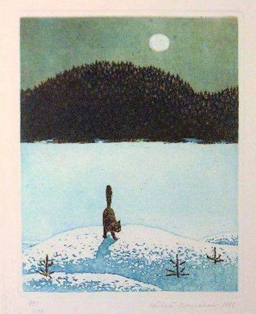 huariqueje:  Cat in Moonlight   -   Rouvinen Väinö  , 1998. Finnish,b.1932-grafph,  20 x 15 cm.