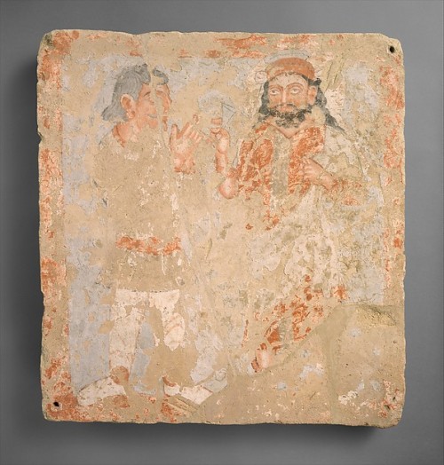 ancientpeoples:Panel with the god Zeus/Serapis/Ohrmazd and worshiperBactria, ca. 3rd century A.D. (K