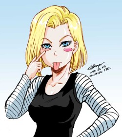nocturnal-eyes:  Quick lineart and color of  (silly) Android 18 fanart. My favorite female character from Dragon Ball Z.Linearts dne traditionally using clutch pencil.Colored in Photoshop.