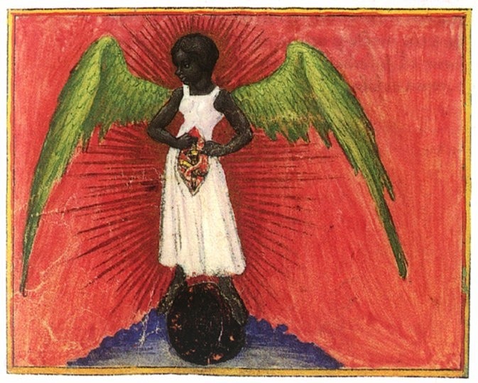 medievalpoc:
“ Aurora Consurgens (att: St. Thomas Aquinas or “Pseudo-Aquinas”)
f. 34v: Black Female Angel
Germany (c. 1420s)
Parchment Codex with Watercolor Miniatures, 20.4 x 13.9 cm.
Zürich, Zentralbibliothek.
This is one of those manuscript...