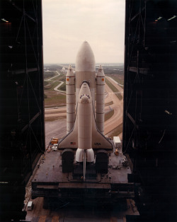 humanoidhistory:  TODAY IN HISTORY: On May 1, 1979, the prototype Space Shuttle Enterprise rolls out from the Vehicle Assembly Building to the launch pad Cape Canaveral in Florida. 