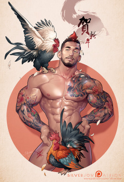 silverjow:   HAPPY LUNAR NEW YEAR! 新年快樂！ Here is the long-awaited YEAR OF THE ROOSTER piece, also one of the Illustrations of January. I had a lot fun drawing this, I hope you will like it as much as i enjoy doing it.  Hi-res jpeg, step by