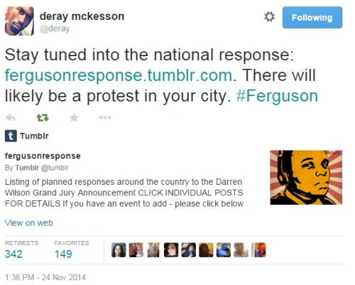 iwriteaboutfeminism:Ferguson awaits the grand jury decision, to be announced tonight.Monday, Novembe