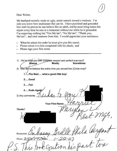 atherfeet:  The Restaurant Report Card For those of us who long for a something we will never have … a submissive relationship with the woman we love… fantasies can get completely disconnected from reality, with several negative consequences.  First,