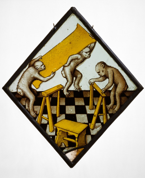 Roundel with Three Apes Building a Trestle Table, German, 1480-1500, Colorless glass, vitreous paint