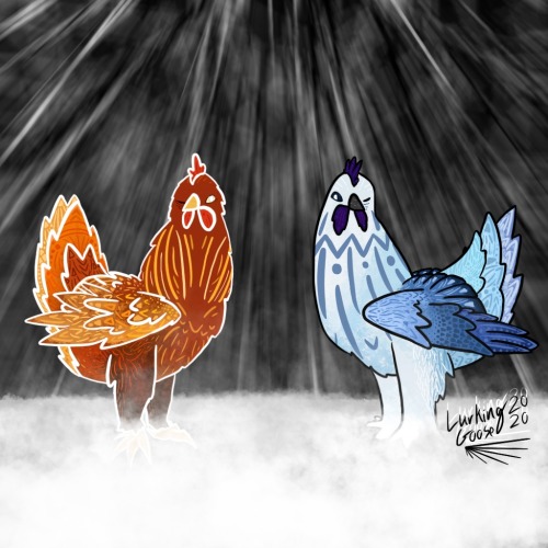 Two chickens in the foggy hyperspace/void I suppose. I honestly like the one with less effort put in