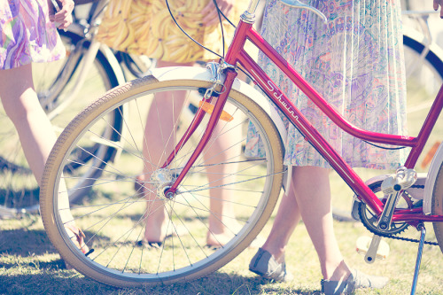 Sheer skirts, patterns, fitted dresses, bicycle baskets, bright and colorful… Love these thre