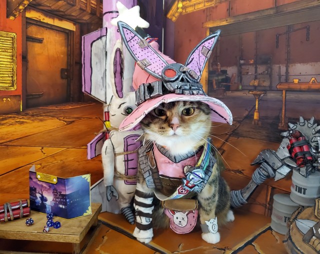a cat dressed up as Tiny Tina from borderlands with appropriate props surrounding them.