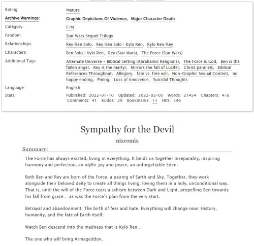 “Sympathy for the Devil” Chapter 5 - Inherent ViolenceKylo’s given in to his 