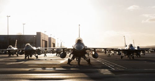 militaryarmament:U.S. Air Force F-16 Fighting Falcon fighter aircraft’s assigned to Spangdahlem Air Base, Germany, sit on the flight line of Ramstein Air Base, Germany, April 1, 2015. 