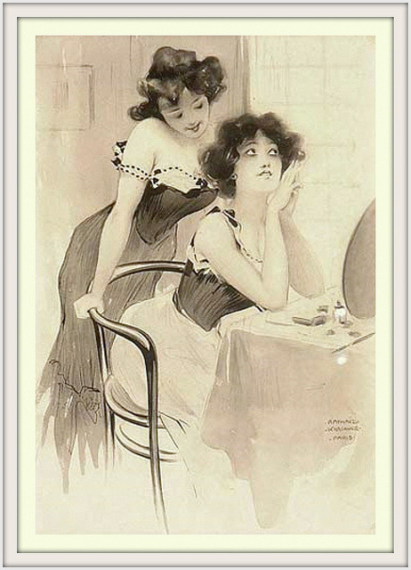 beautifulcentury:  1890 ca ‘Zwei Damen bei der Toilette, Paris’ ink and Pencil by Rapha&