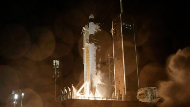 At night, a SpaceX rocket launches to the International Space Station from a launchpad at NASA’s Kennedy Space Center in Florida. Credit: SpaceX