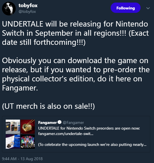 Undertale Announced For Nintendo Switch