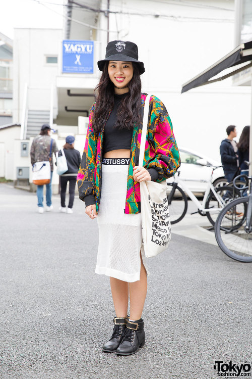 tokyo-fashion: 18-year-old Akari on the street in Harajuku wearing a light resale jacket over a Fig 