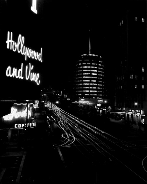 Long exposure of Hollywood and Vine at night, circa 1956.