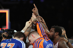 nba:   The New York Knicks celebrate an 83-78 victory over the Chicago Bulls at center court following the game at Madison Square Garden on December 11, 2013 in New York City.  (Photo by Bruce Bennett/Getty Images)  Finally. Sheesh. #knickstape.