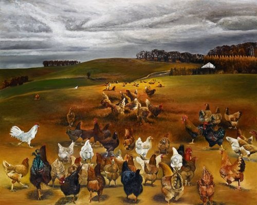 thunderstruck9:Karin Kneffel (German, b. 1957), Hühner I [Chickens I], 1990. Oil on canvas, 200 x 250 cm.