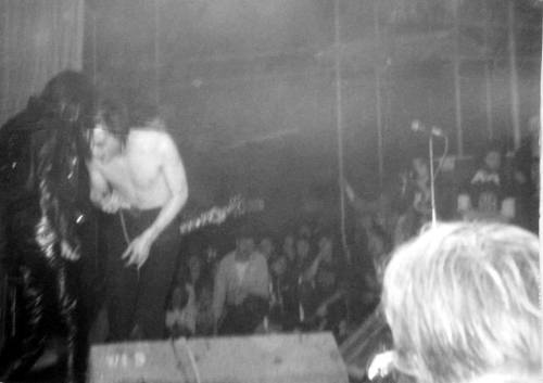 Gaye Advert joins the Damned for an encore at the Roundhouse in London, 1977.