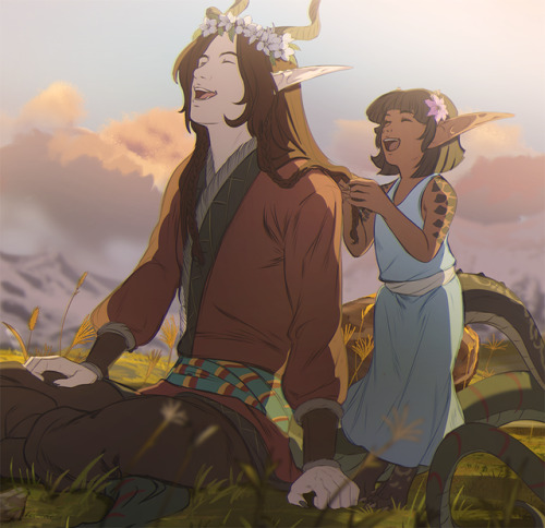 whitemantis: Commission for my friend @drakonika! &lt;3Sia braiding Ellian’s hair! She also made him