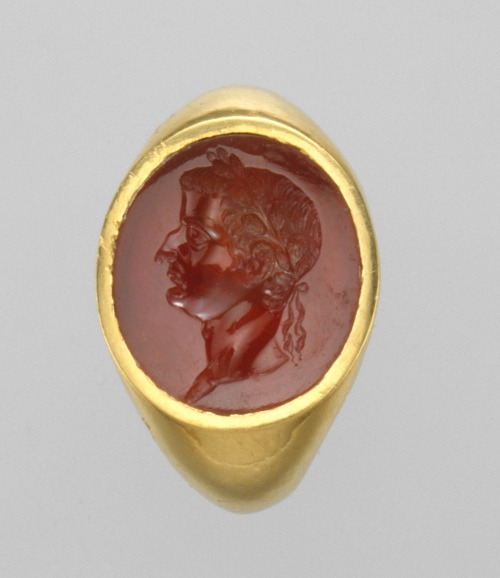 Gold ring with carnelian intaglio portrait of Tiberius Early Imperial Roman, ca. A.D. 14–37 Me