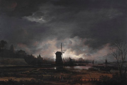 Aert van der Neer (1603-1677), landschap in maneschijn met een molen.