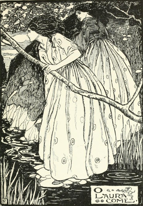 heaveninawildflower:‘O Laura Come’ black and white illustration by Florence Harrison (1877–1955) for