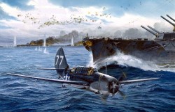 pinturas-sgm-aviacion: 1944 10 25 Too Close For Comfort - Tom Freeman, Curtiss SBC Helldiver The attack on the Japanese aircraft carrier, Zuikaku, October 25, 1944   