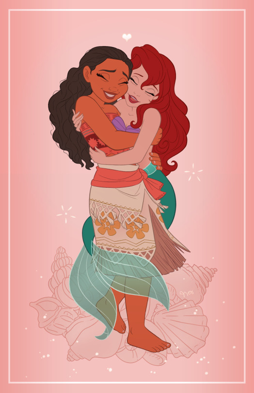 A 2D flat-color drawing of Disney's Moana and Ariel hugging and smiling. Moana is holding Ariel(mermaid) off of the ground in front of a pink gradient background.