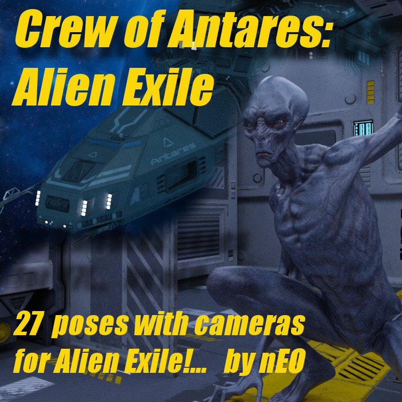 This pack of poses is for the Alien Exile in each of the Antares compartments. Ideally