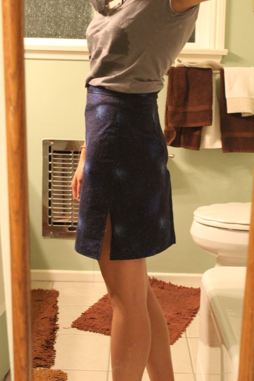 a deer head, shorts, and pencil skirt made in the Sewing Lab[ignore my bathroom]