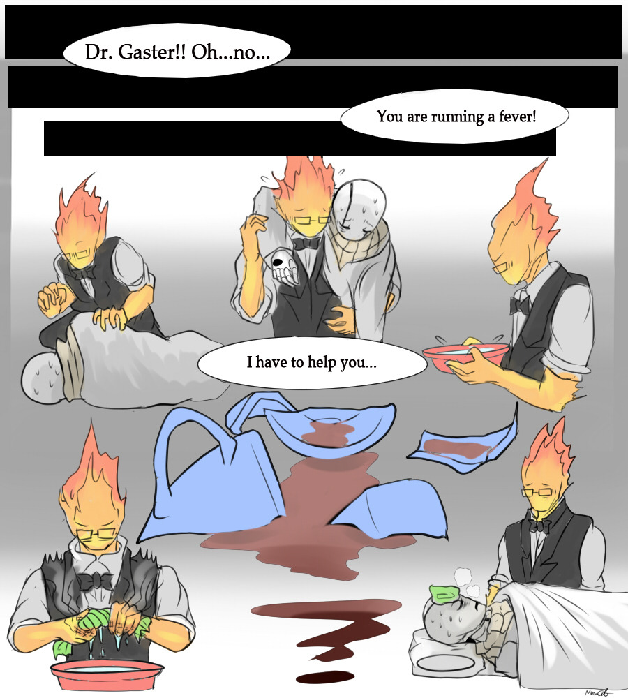 mooncatyao:  [FEVER] When Gaster is sick… Grillby takes care of him.This is the