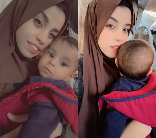 two photos, side by side. they are both of a Palestinian mother, Safaa, holding her young son Amir in her arm. In both photos, Safaa is looking directly at the camera and smiling. Amir is looking at the camera in the first picture and has his head turned in the second. Safaa is wearing a brown hijab and Amir is wearing a blue and red jacket.