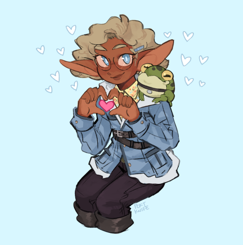 pcktknife:adaine + boggy commission !! [ID: A drawing of a seated Adaine shown from the knees up, wi