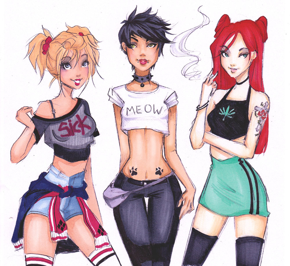emmafrosticle:  heres the coloured version.Gotham City sirens re-imagined as college